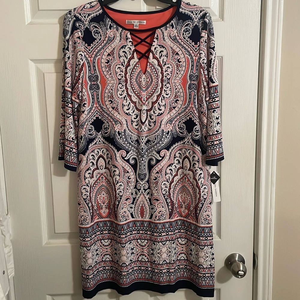 Sandra Darren, Navy and Corral 3/4 sleeve dress. Size 12